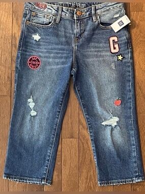 Gap Kids 1969 Girls Distressed Patches Crop Jeans NWT 8 Plus